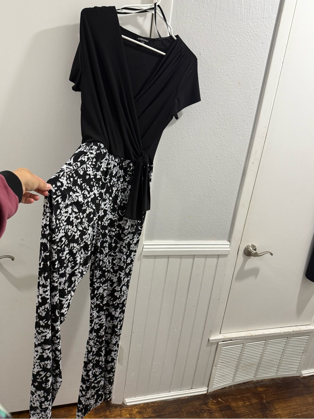 Roz & Ali Black Wrap Jumpsuit with Black and White Floral Pants